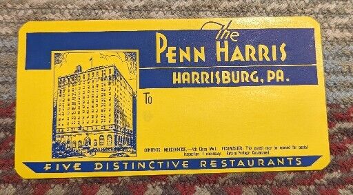 NOS Vintage The Penn Harris Hotel Harrisburg PA Advertising Luggage Label Decal