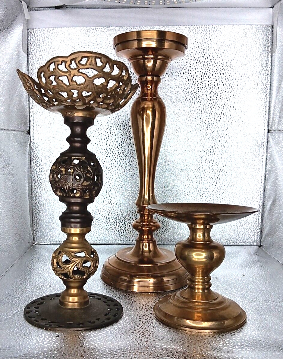 Vintage Eclectic Brass Candlesticks Set of 3 Graduated Sizes