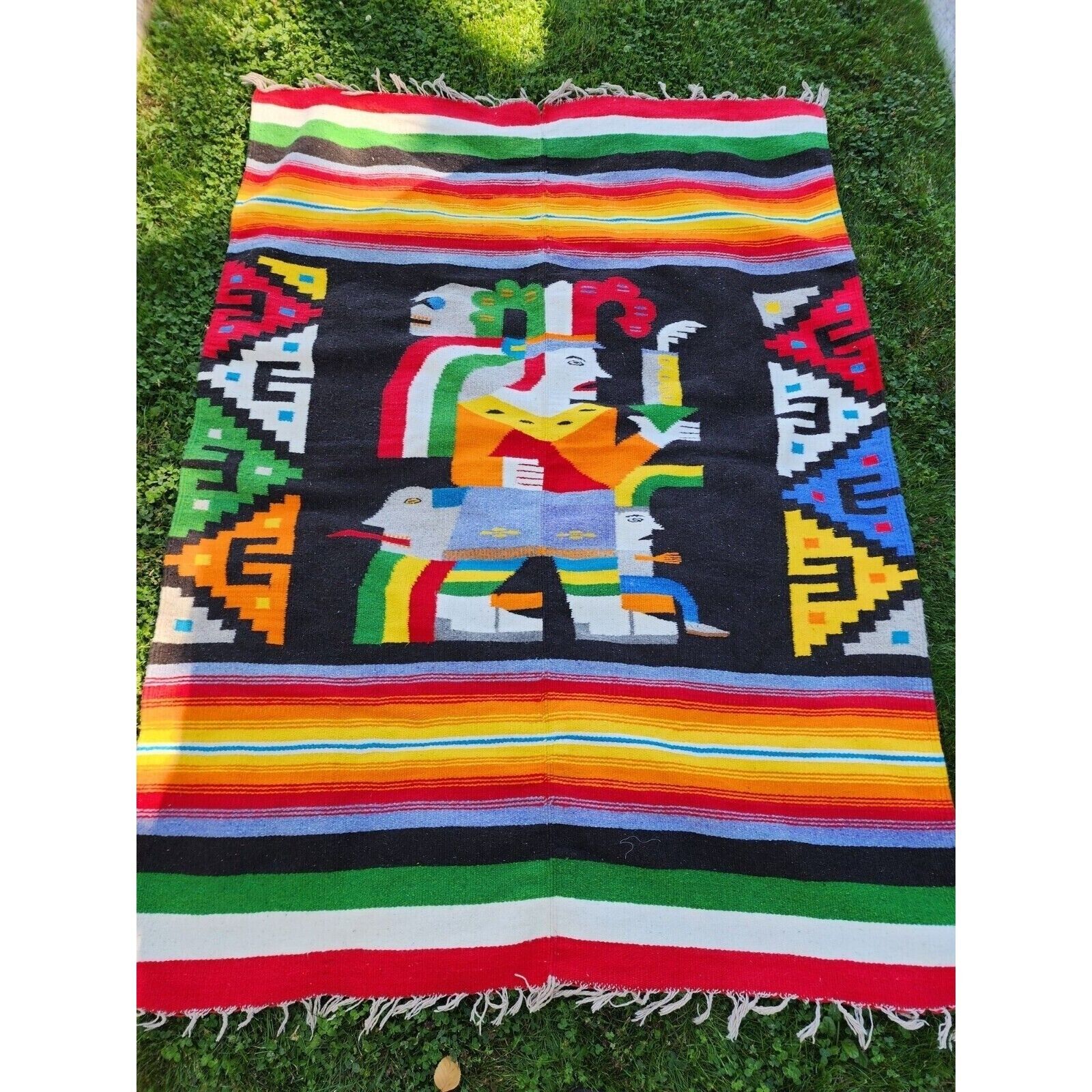Vintage Mexican Ceremonial Blanket Wool Rug Weaving Bright Colors 55x75
