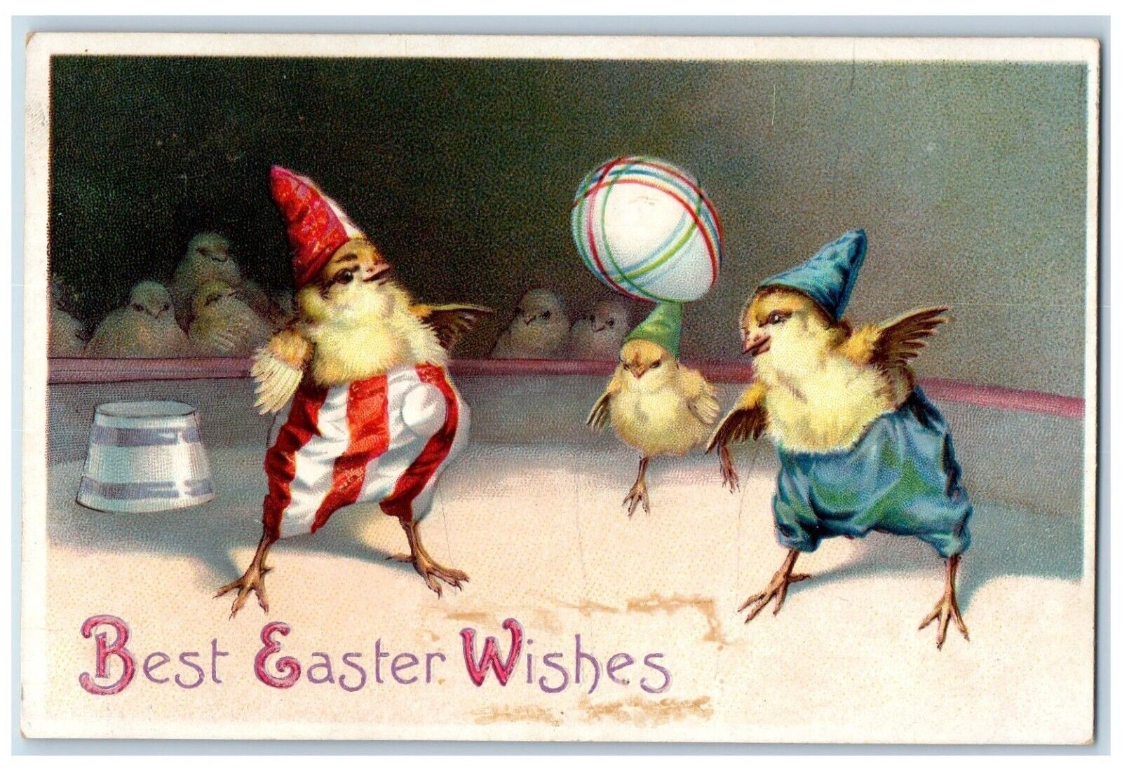 c1910\'s Easter Wishes Anthropomorphic Chicks Circus Juggling Clapsaddle Postcard