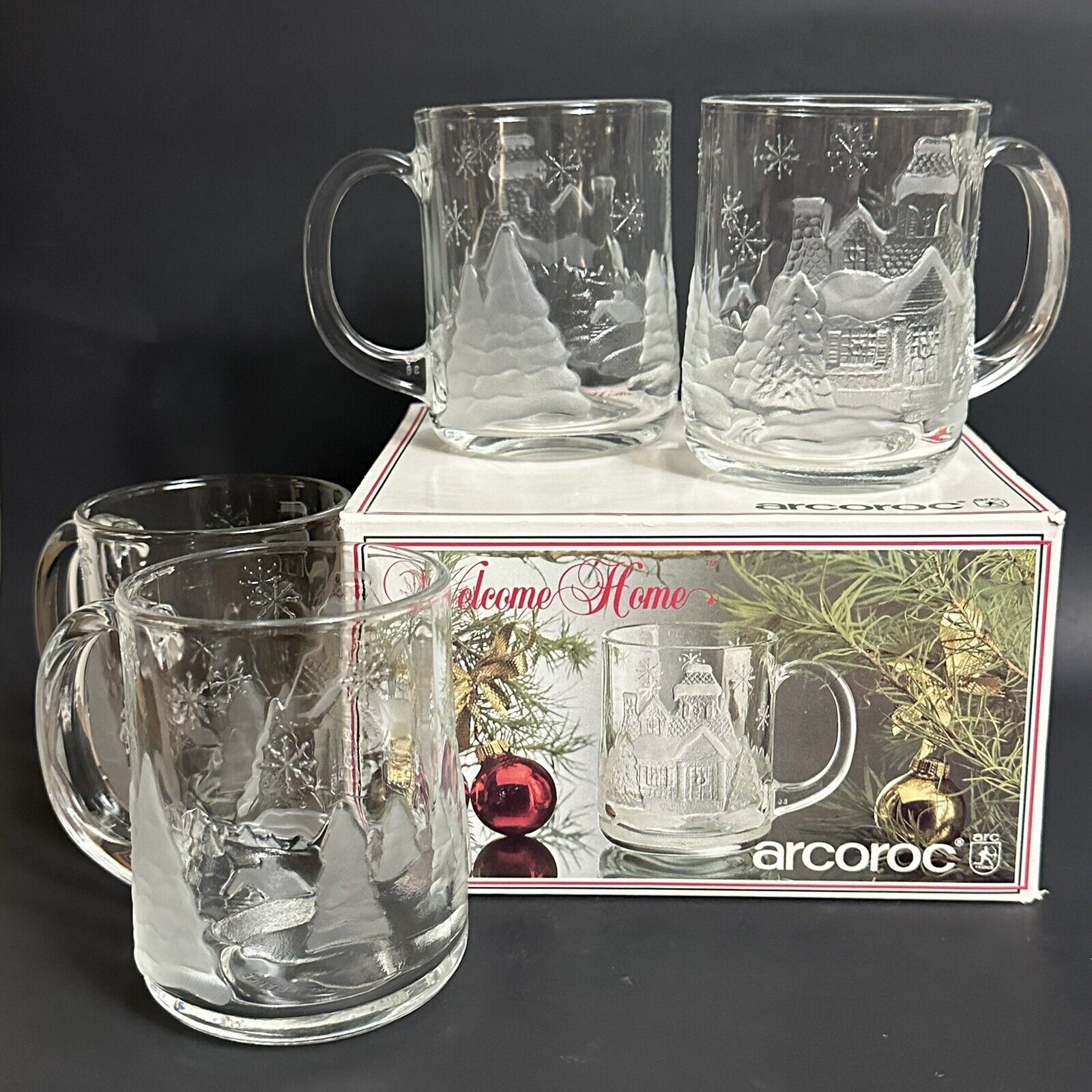 VTG Arcoroc Mugs Holiday Mugs Frosted Embossed Clear Glass Set Of 4 NOS