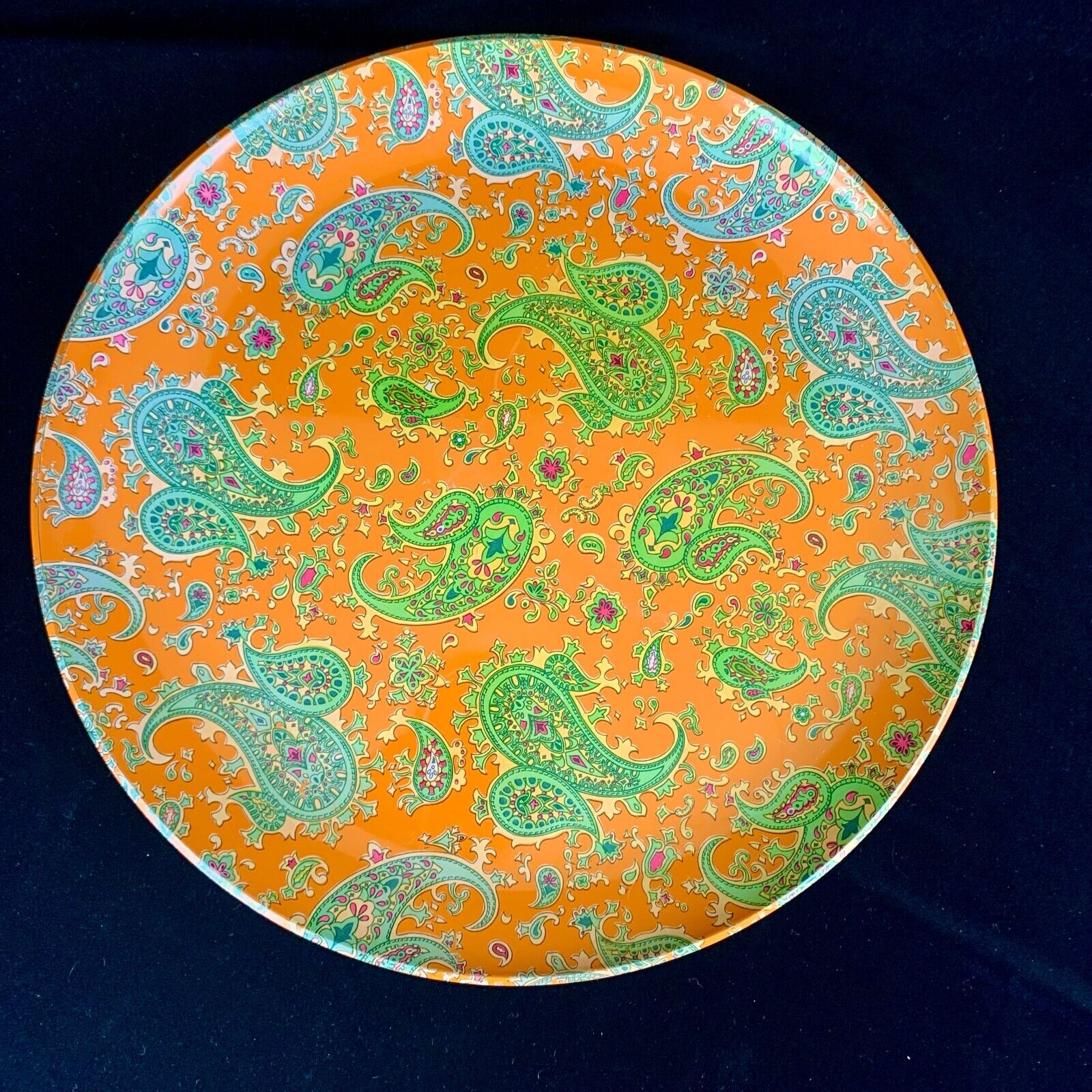 Vintage 1960s Paisley Tray Orange and Green 14.5 in Round Unbreakable Excellent