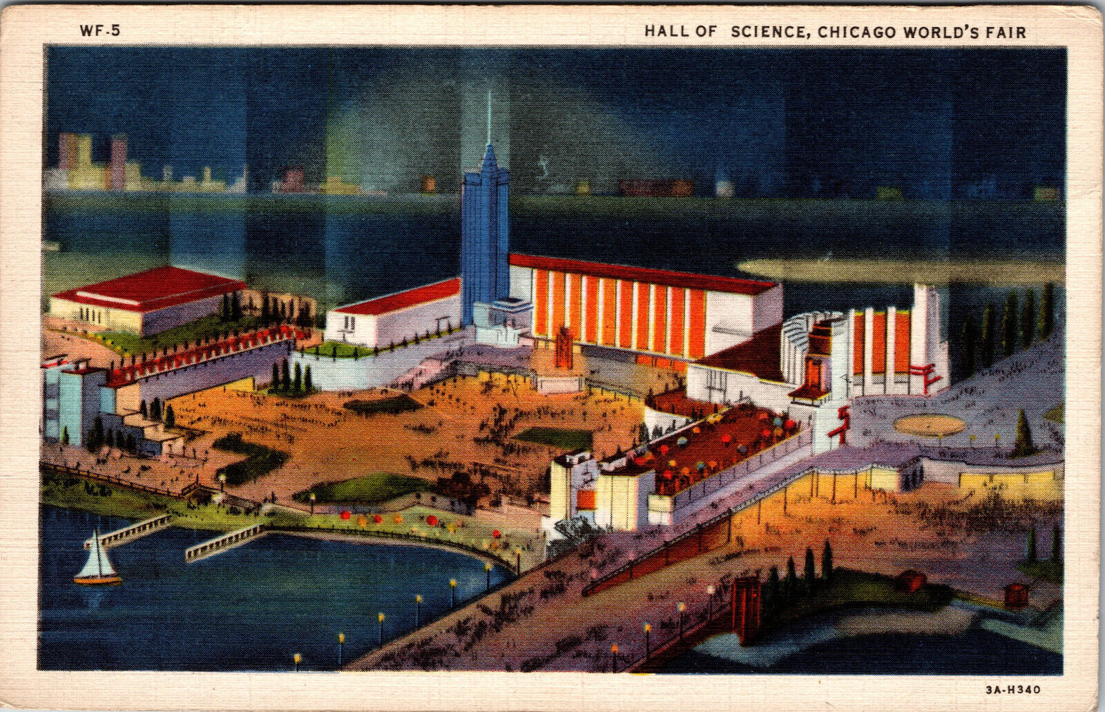 Postcard Chicago 1933 Worlds Fair Aerial View At Night Hall Of Science