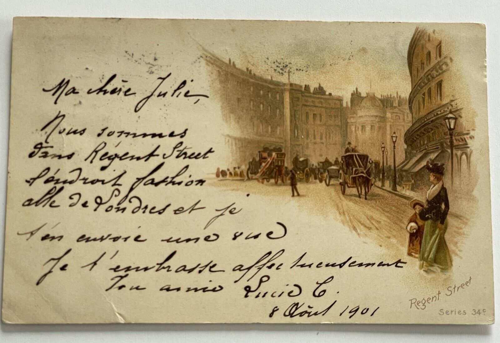 Vintage Postcard of the Regent Street, Paris, 1901 posted with stamp and text