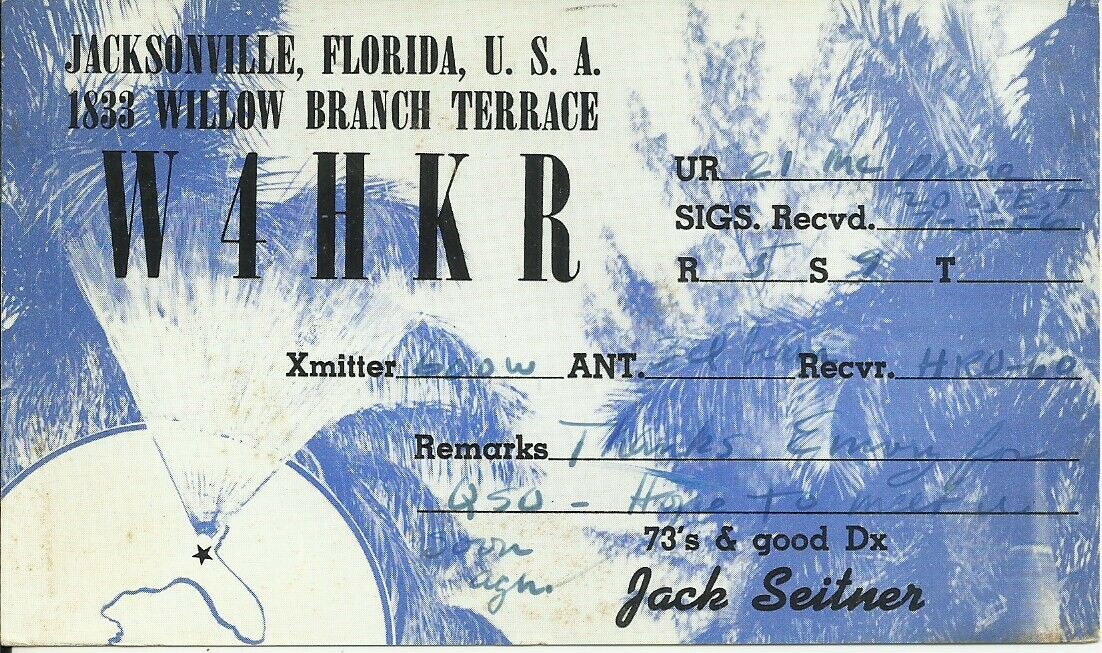 Vintage W4HKR Jacksonville Florida USA 1956 Amateur Radio QSL Card