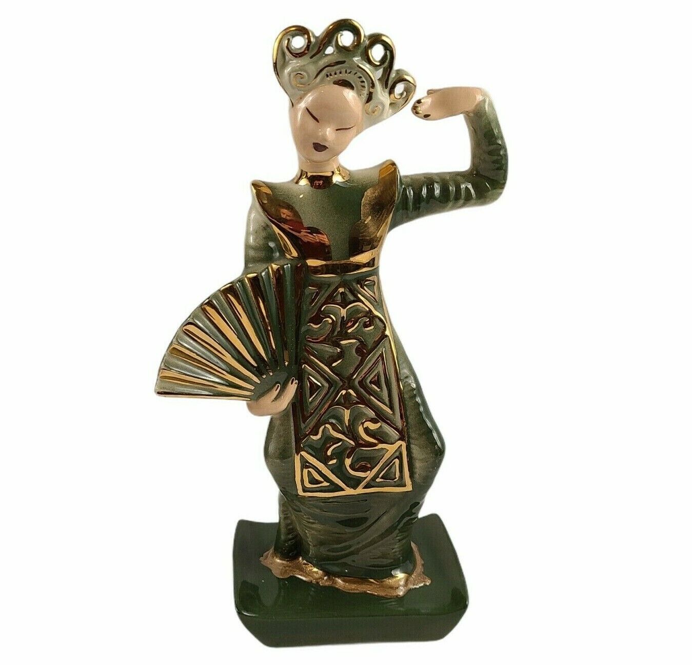 Hedi Schoop Vintage Oriental Thai Fan Dancer Green Gold Vase California Pottery 