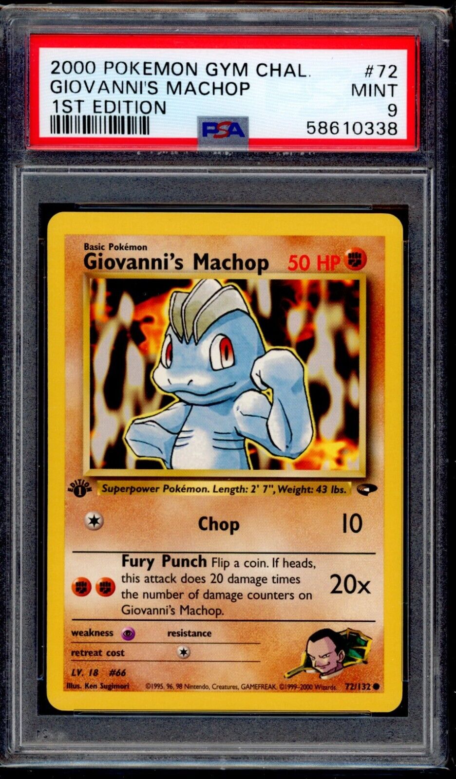 PSA 9 Giovanni's Machop 1st Edition 2000 Pokemon Card 72/132 Gym Challenge