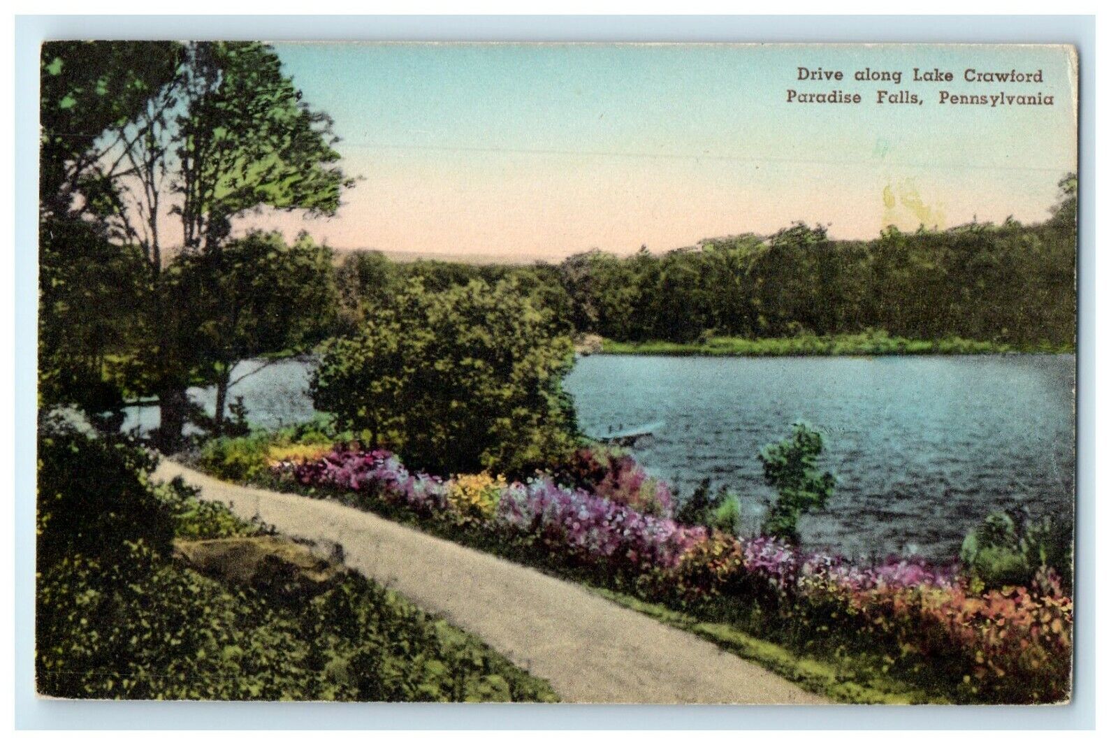 c1930\'s Drive Along Lake Crawford Paradise Falls PA Handcolored Vintage Postcard