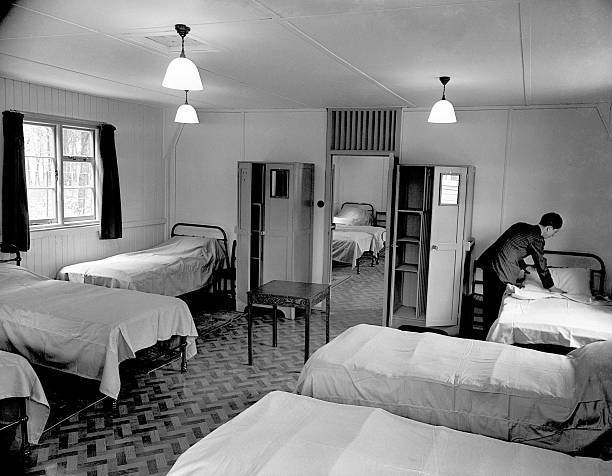 Olympic 1948 Preparations Worker dresses the dormitory beds at the- Old Photo