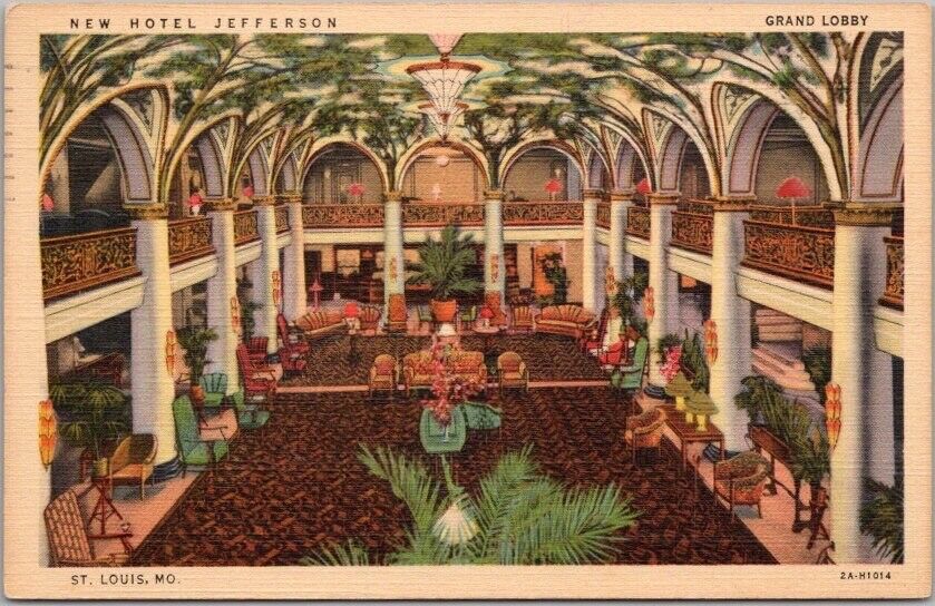 ST. LOUIS Missouri Postcard NEW HOTEL JEFFERSON Grand Lobby Curteich Linen 1942