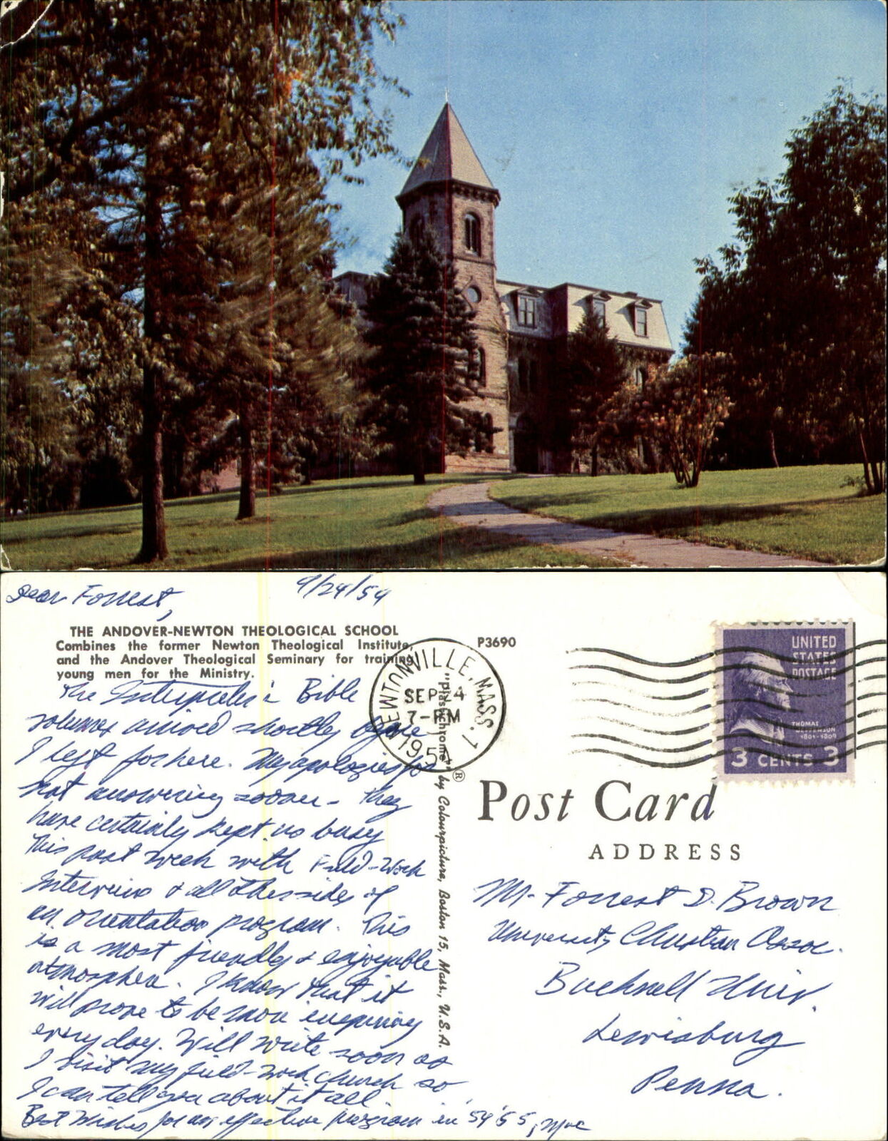 Andover-Newton Theological School Newton Centre MA mailed 1954 vintage postcard