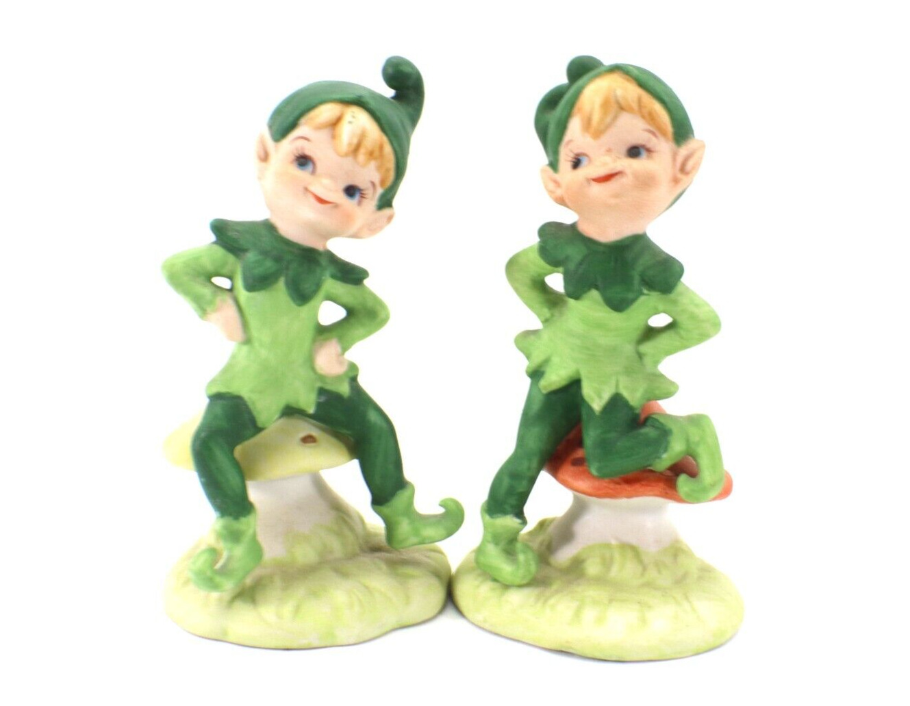  Pixi Elf Figurines Set of 2 Sitting on Mushrooms Hand Painted 1988 Vintage