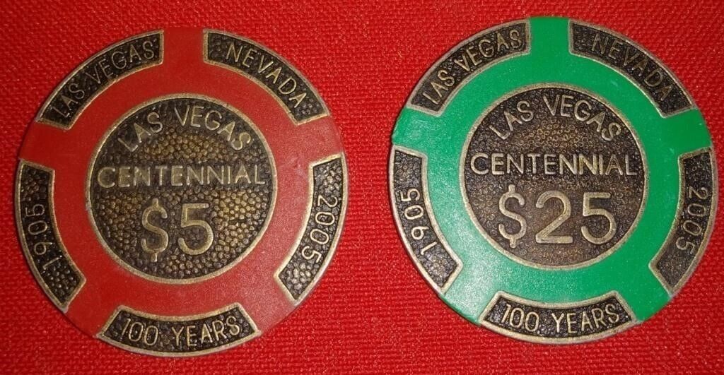 Lot of 2 Vintage Las Vegas CENTENNIAL POKER CHIPS $5 & $25 Chips/Card Holders