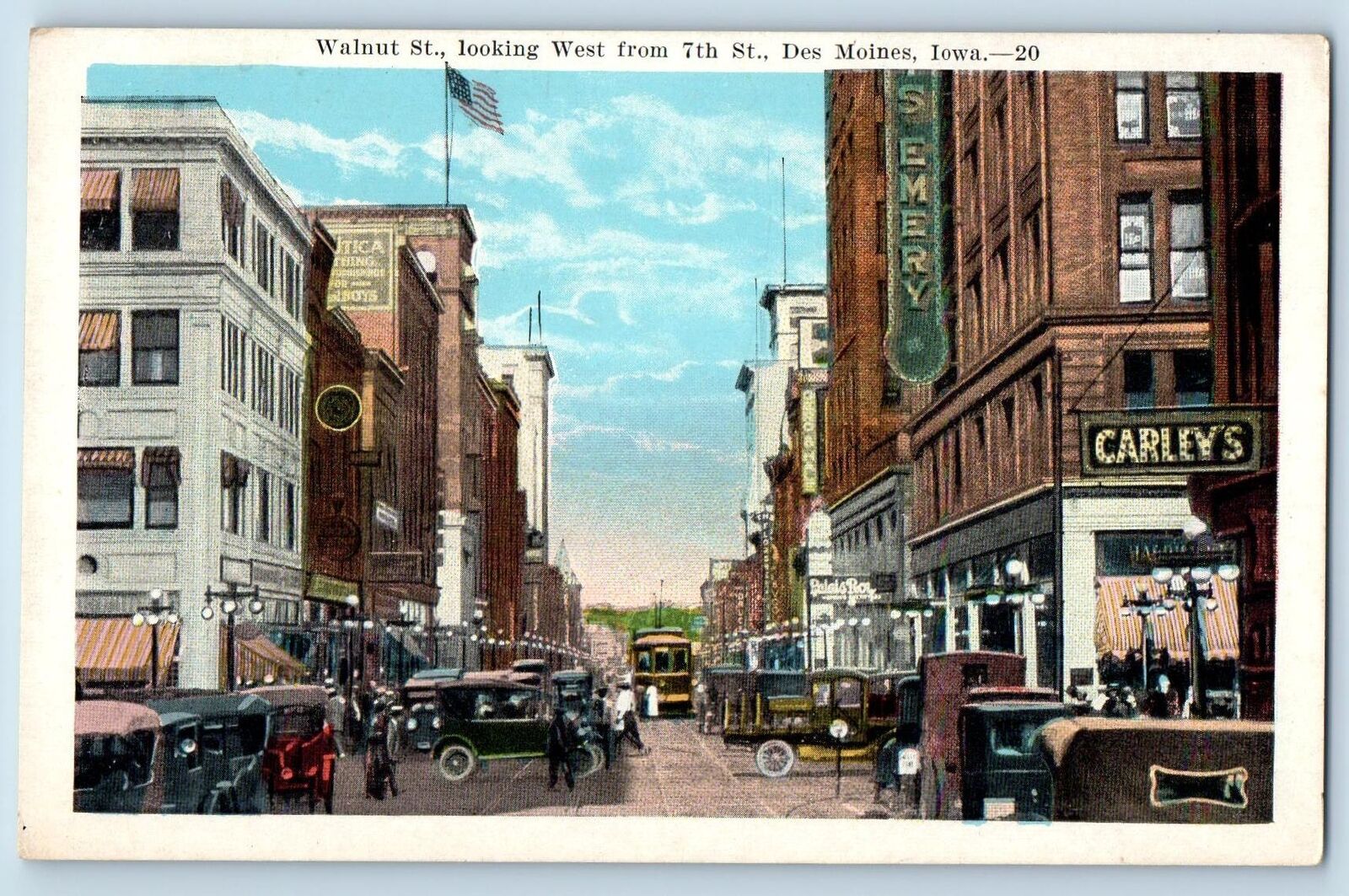 Des Moines Iowa IA Postcard Walnut Street Looking West From 7th Street c1920\'s