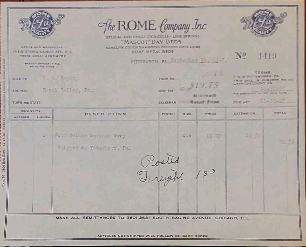 1927 The Rome Company Inc Day Beds Billhead Receipt Pittsburgh PA Ephemera