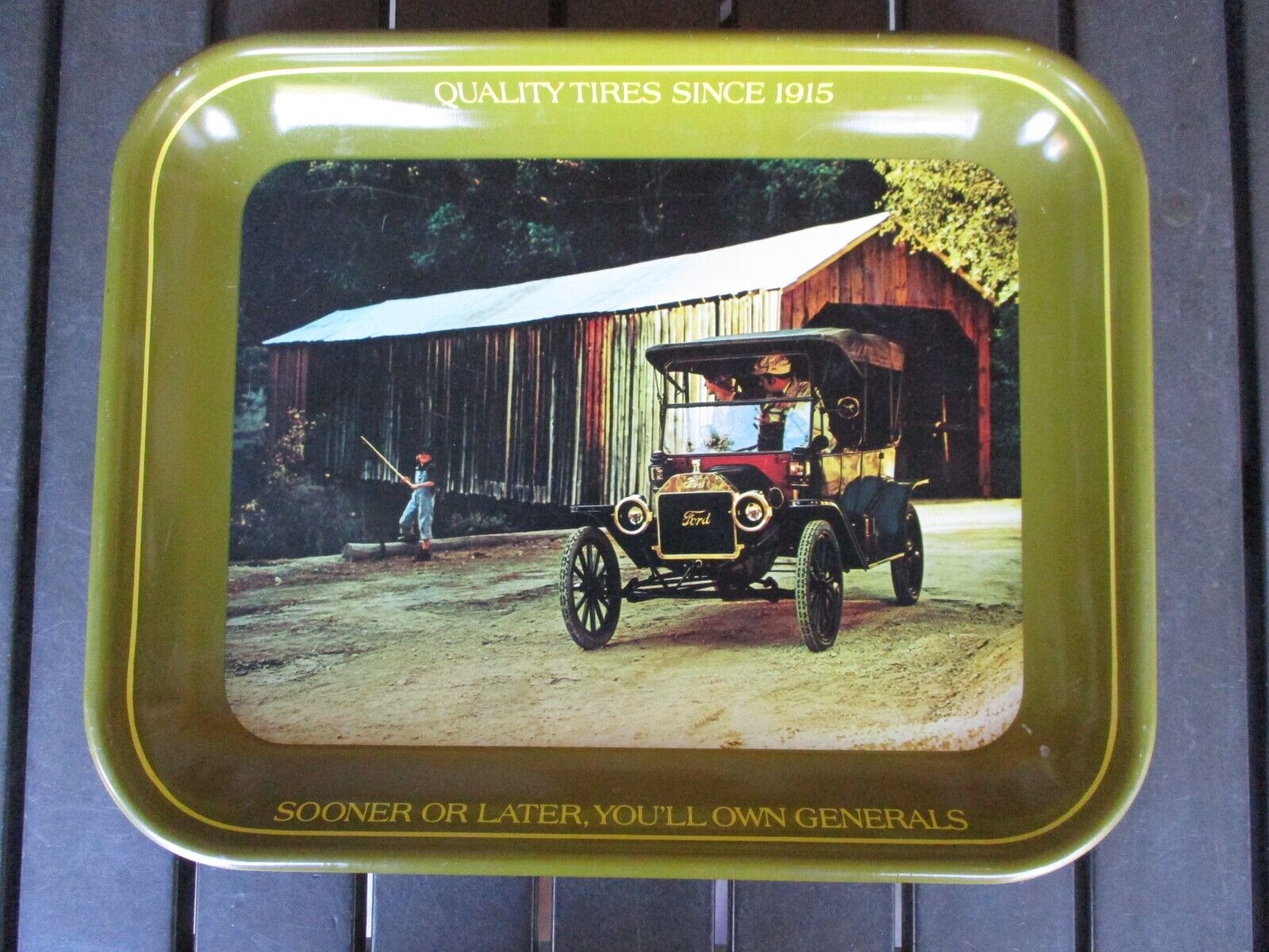 Vtg 70s Avacado Green GENERAL TIRE Advertising Tray, 1913 Ford Model T Plate