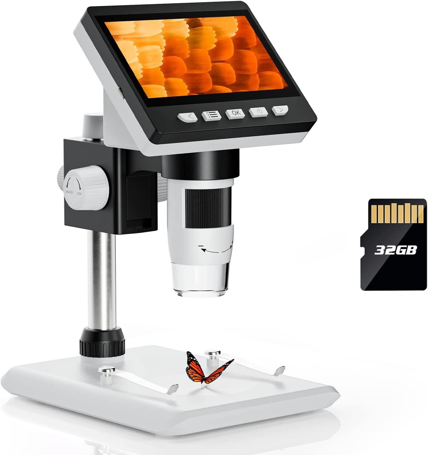 Digital Microscope 1000X LCD Microscope Video Camera 8 LED Lights PC View 32GB