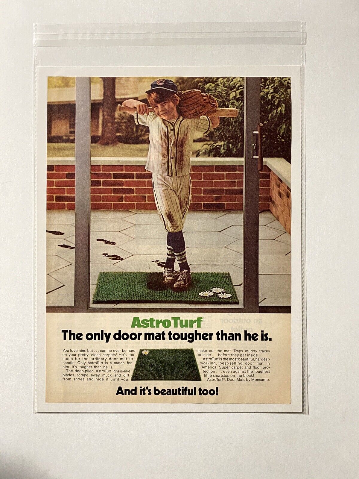Kids Baseball Player Astro Turf Door Mat Vintage 1974 Print Ad