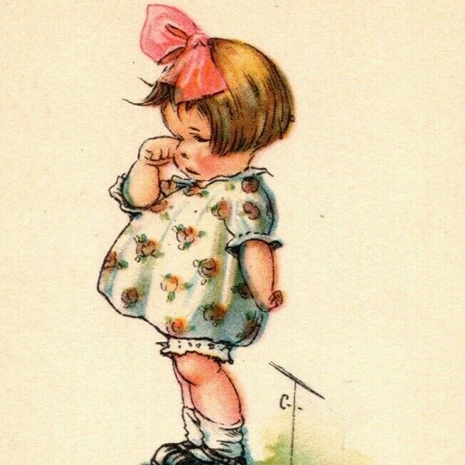 Vintage Postcard c1915 Little Girl Stands Sad and Crying \