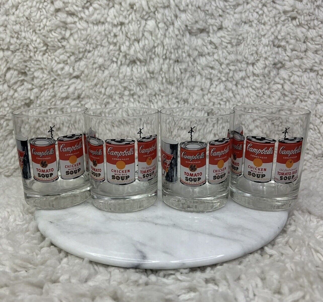 Vintage Andy Warhol Campbell’s Soup Double Old-Fashioned Glasses Set of 4 NEW