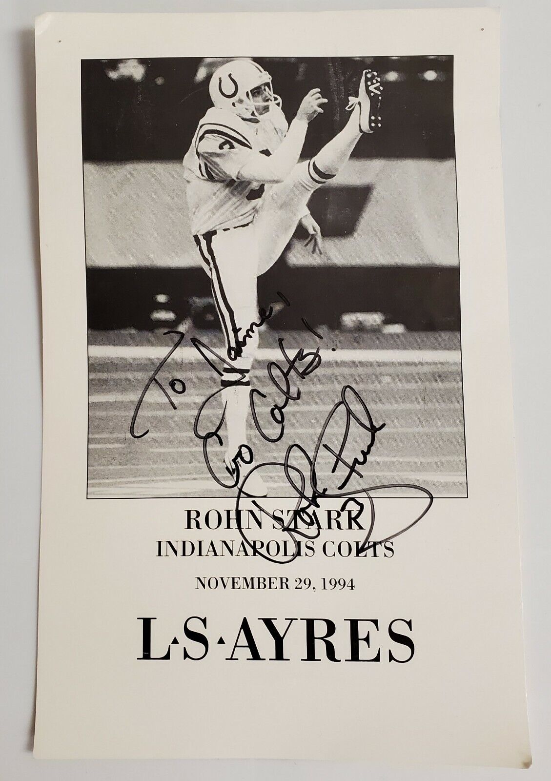 Rohn Stark Autograph Signed 1994 Photo Indianapolis Colts L S Ayers Promo RARE