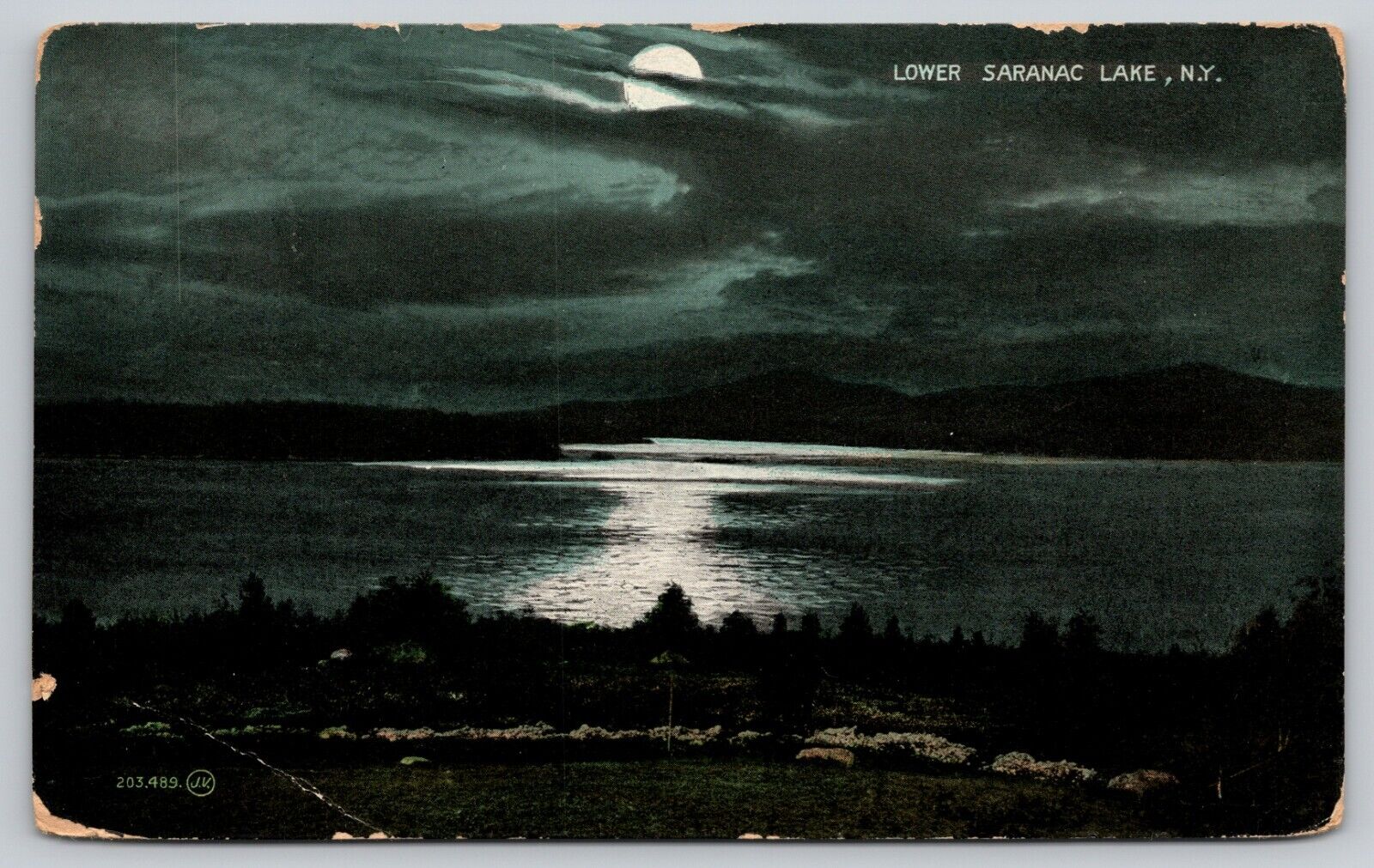 Postcard NY Lower Saranac Lake Moonlight View