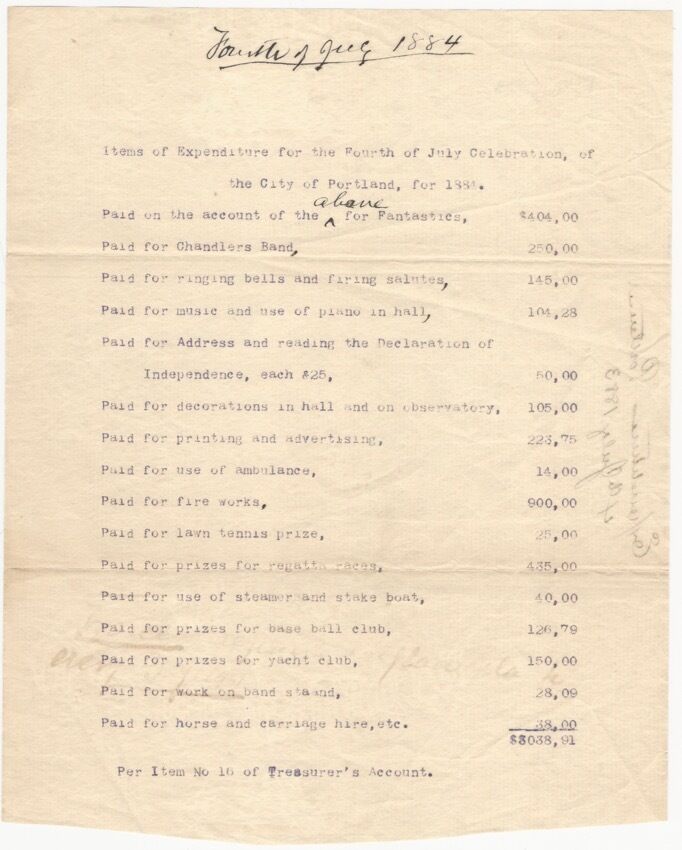 1884 Fourth of July Holiday Portland Maine Celebration Expenses Costs Listing