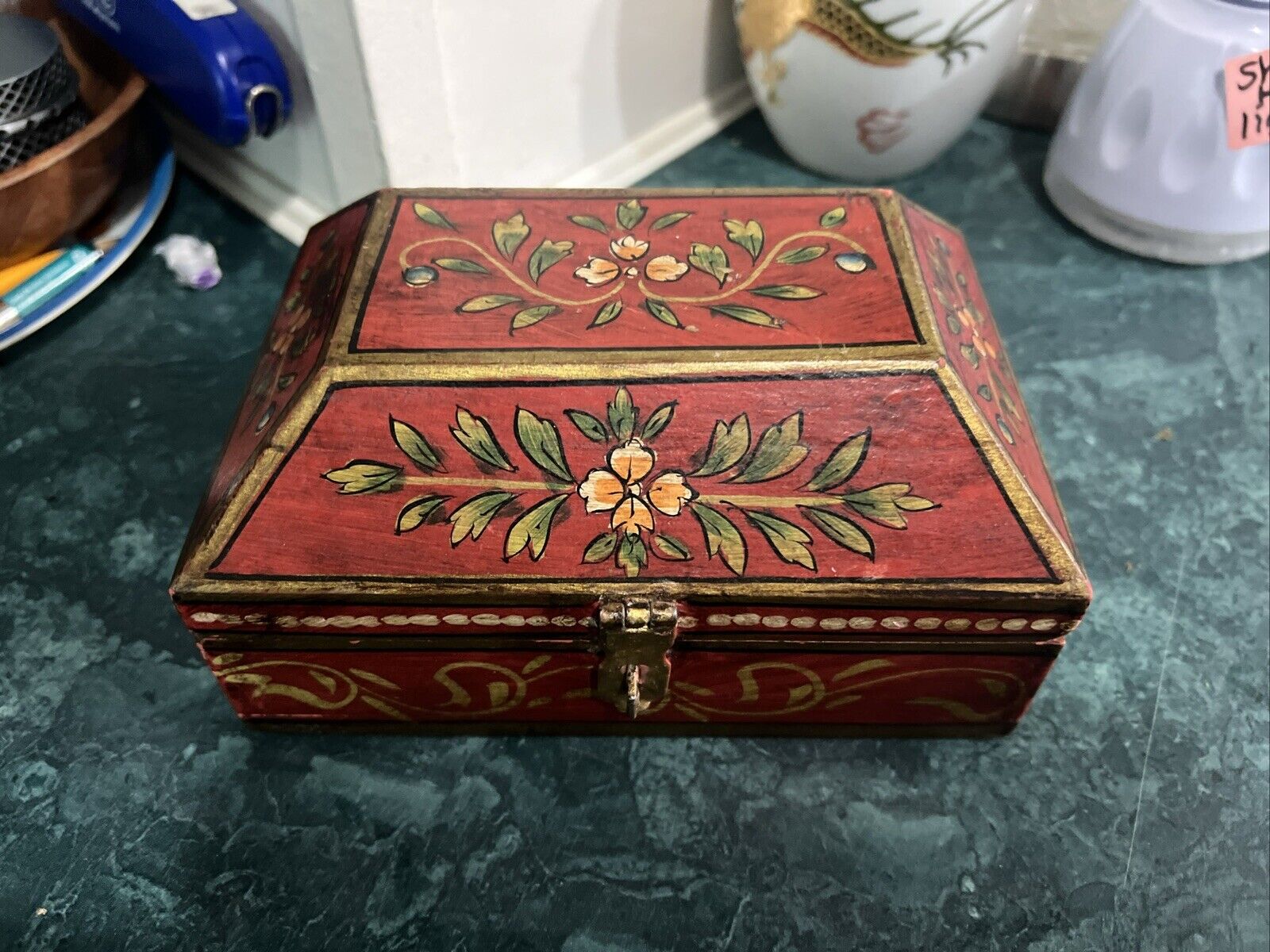 Vinage Wooden Dome Shaped Storage Box Original Old Hand Crafted Floral Painted