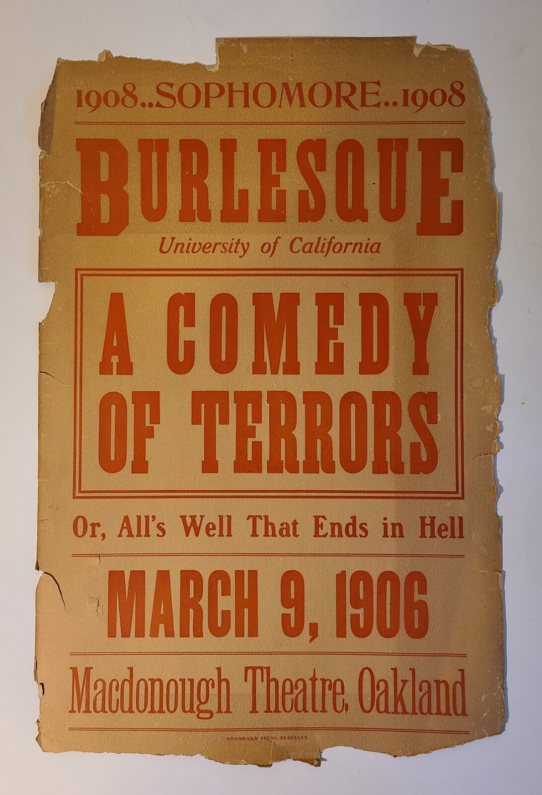 Antique 1906 UC Berkeley Burlesque Show Flier - University of California 