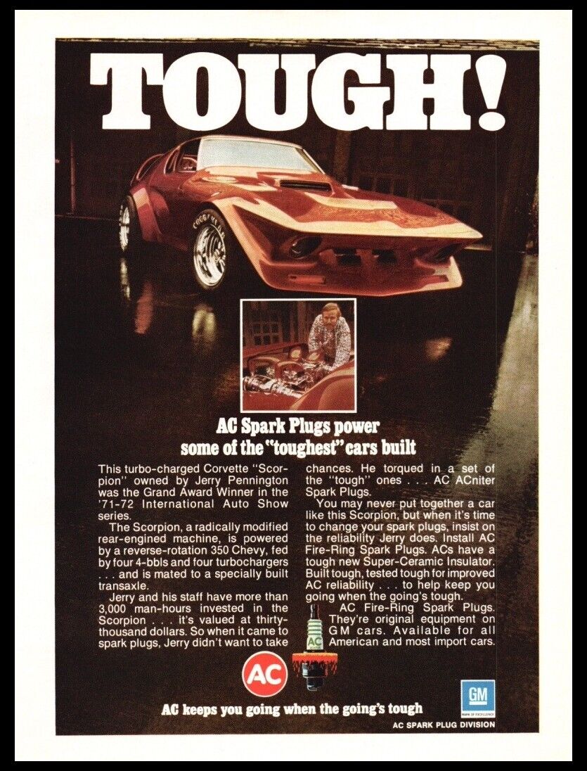 1973 AC Spark Plugs w/ Corvette Scorpion-car photo print ad-Man Cave, Garage