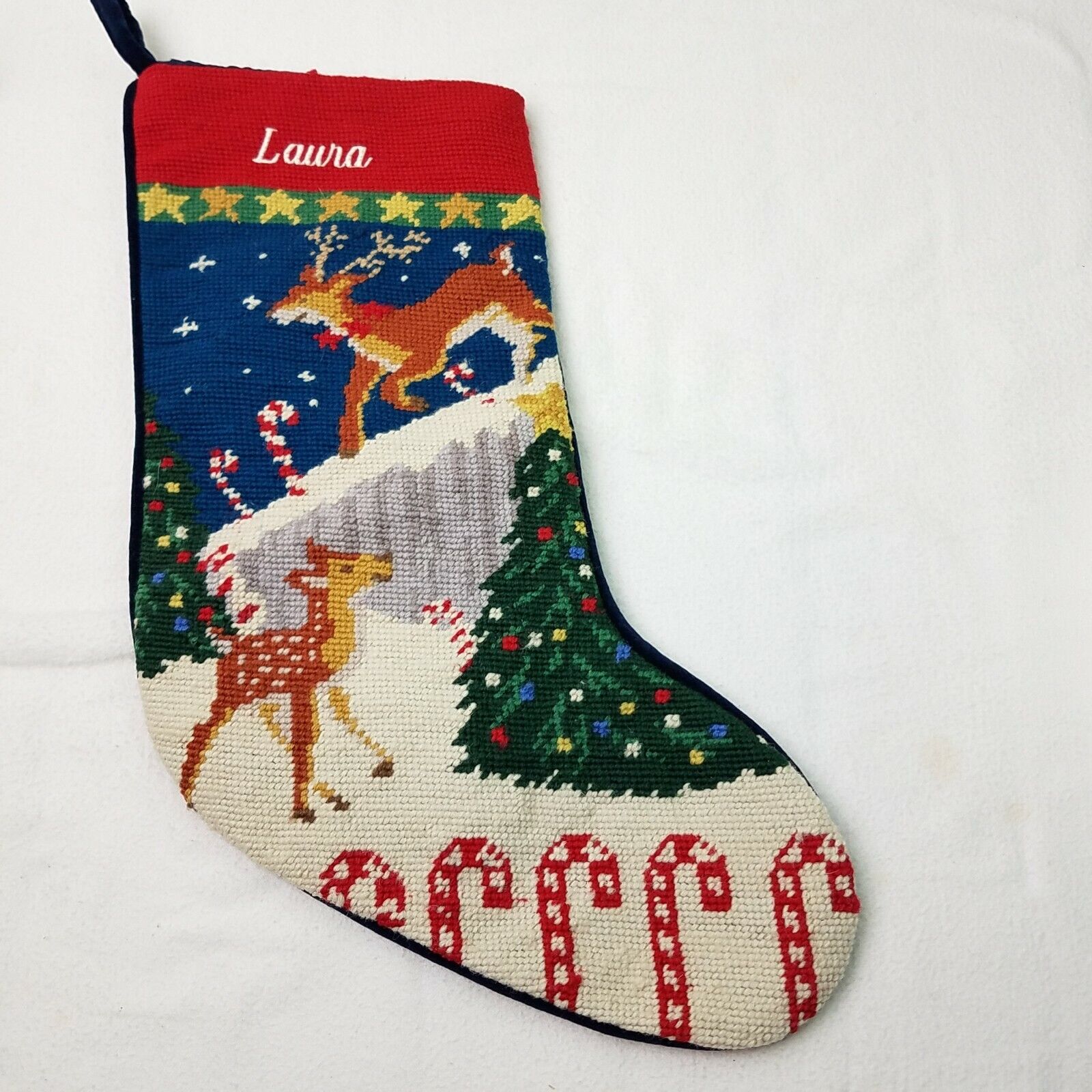 Lands End Home Velvet Wool Embroidered Christmas Stocking Reindeer/Tree \