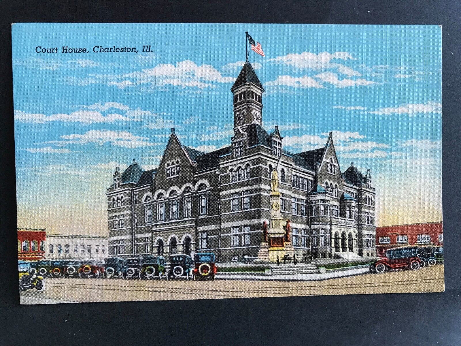 Postcard Charleston IL - Court House with Old Cars