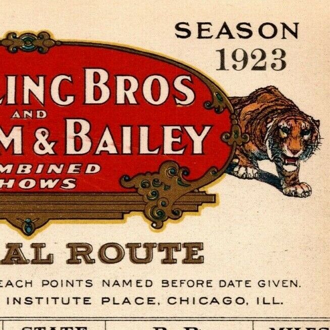 Scarce 1923 Ringling Bros. B&B Circus Route Card Mass RI CT NY Michigan Illinois