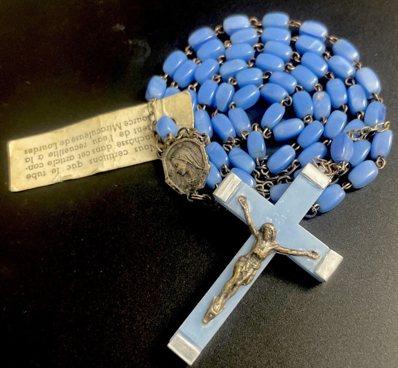 Vintage Catholic Blue Milk Glass Rosary, Lourdes Water Crucifix + Tag, France