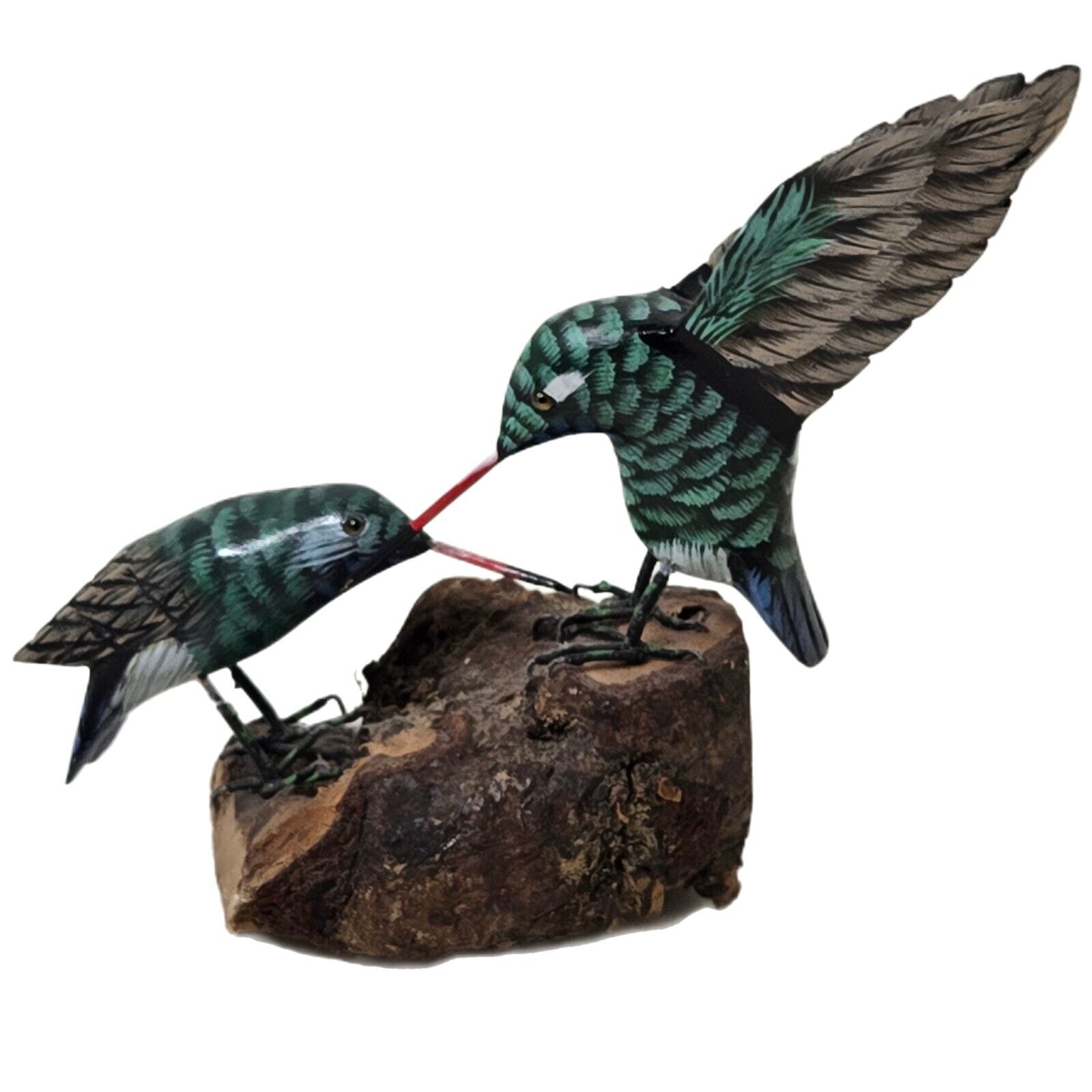 Hummingbirds On Driftwood Vintage Hand Carved/Painted Blue Green