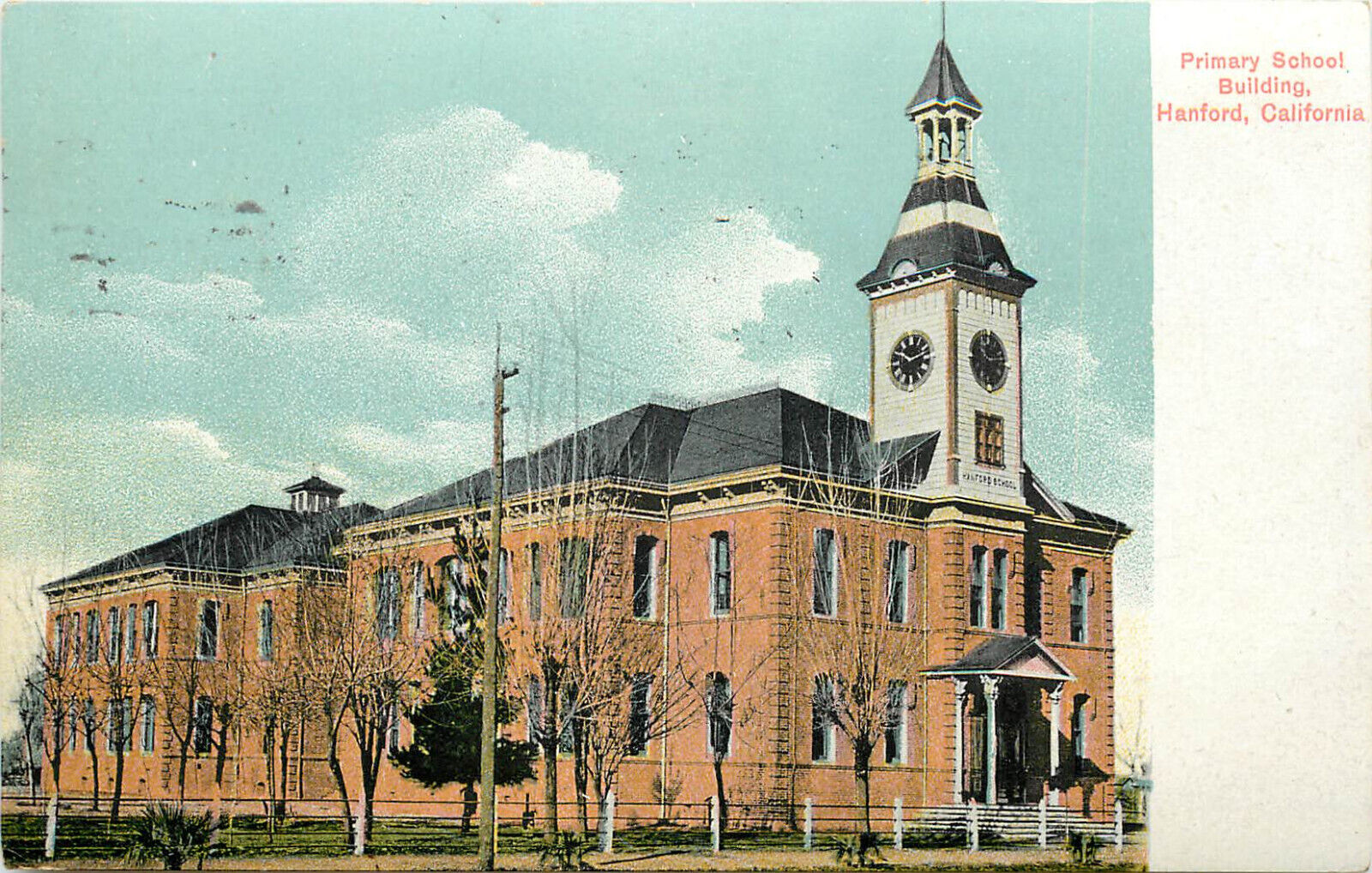 Vintage Postcard Primary School Building Hanford CA Kings County
