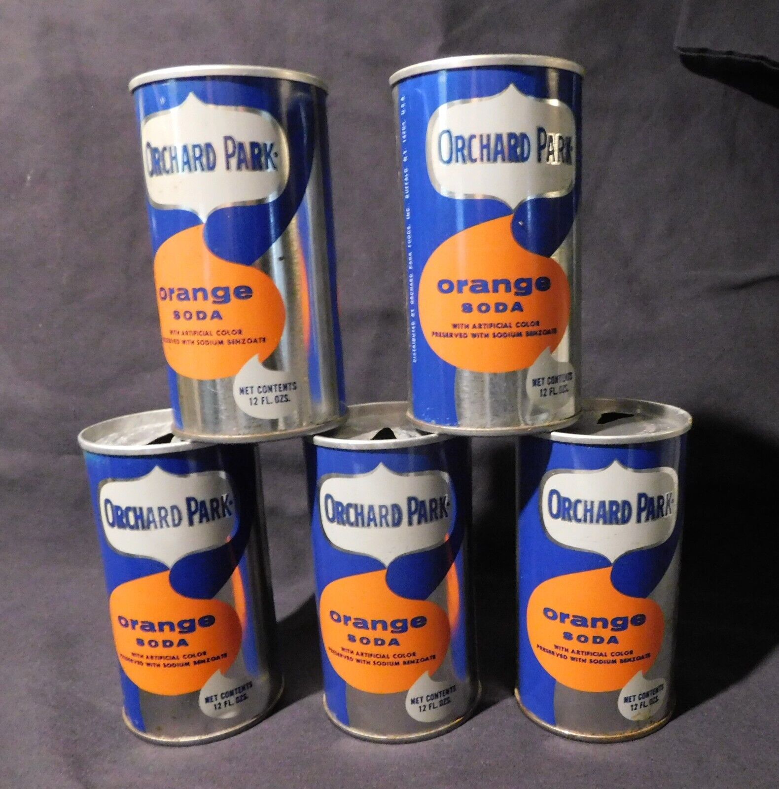 Five Vintage Orchard Park Orange soda cans - Buffalo,  N. Y. 
