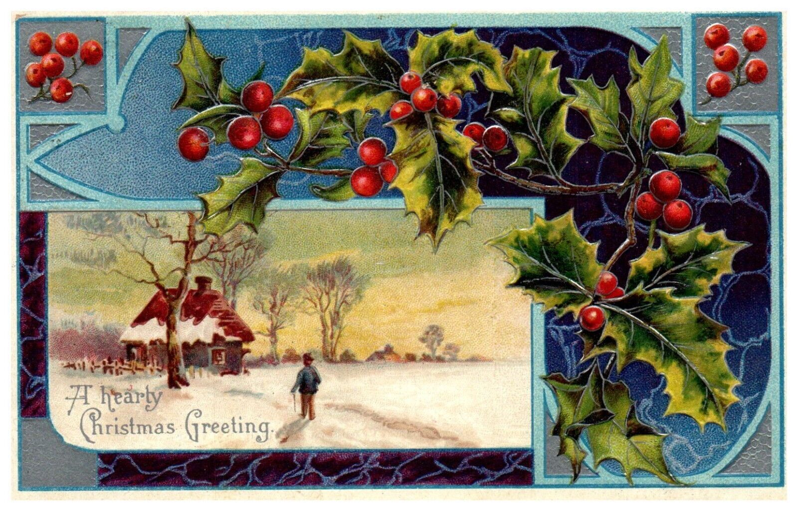 Christmas Greeting Tiny Tim Cottage Blue Holly Embossed Postcard Germany 1910