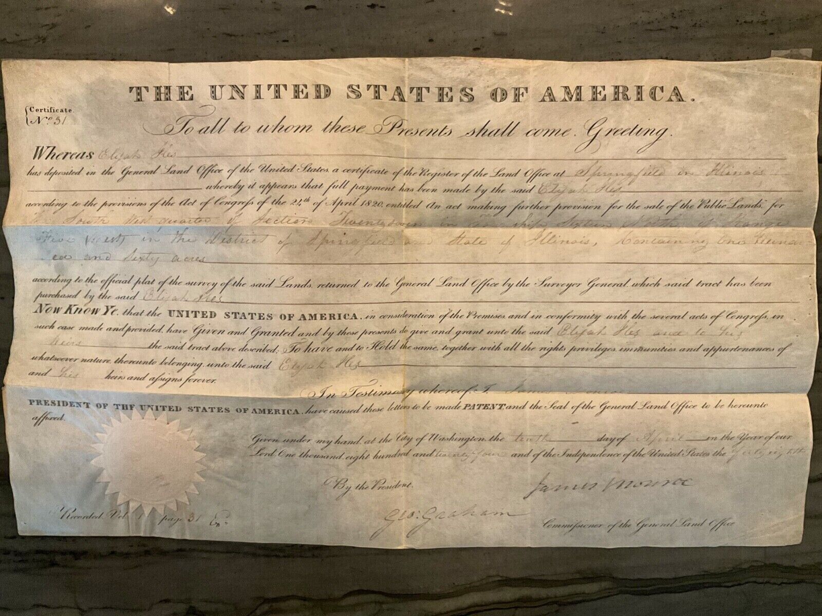  President James Monroe Signed Autograph 1824 Land Grant - JSA LOA - 
