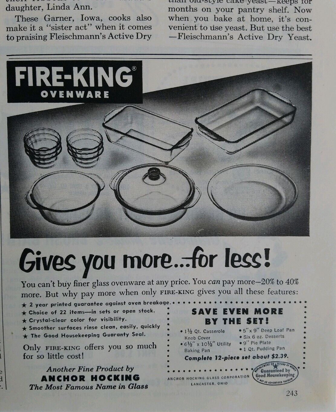1954 Anchor Hocking Fire King ovenware glassware gives you more for Less ad