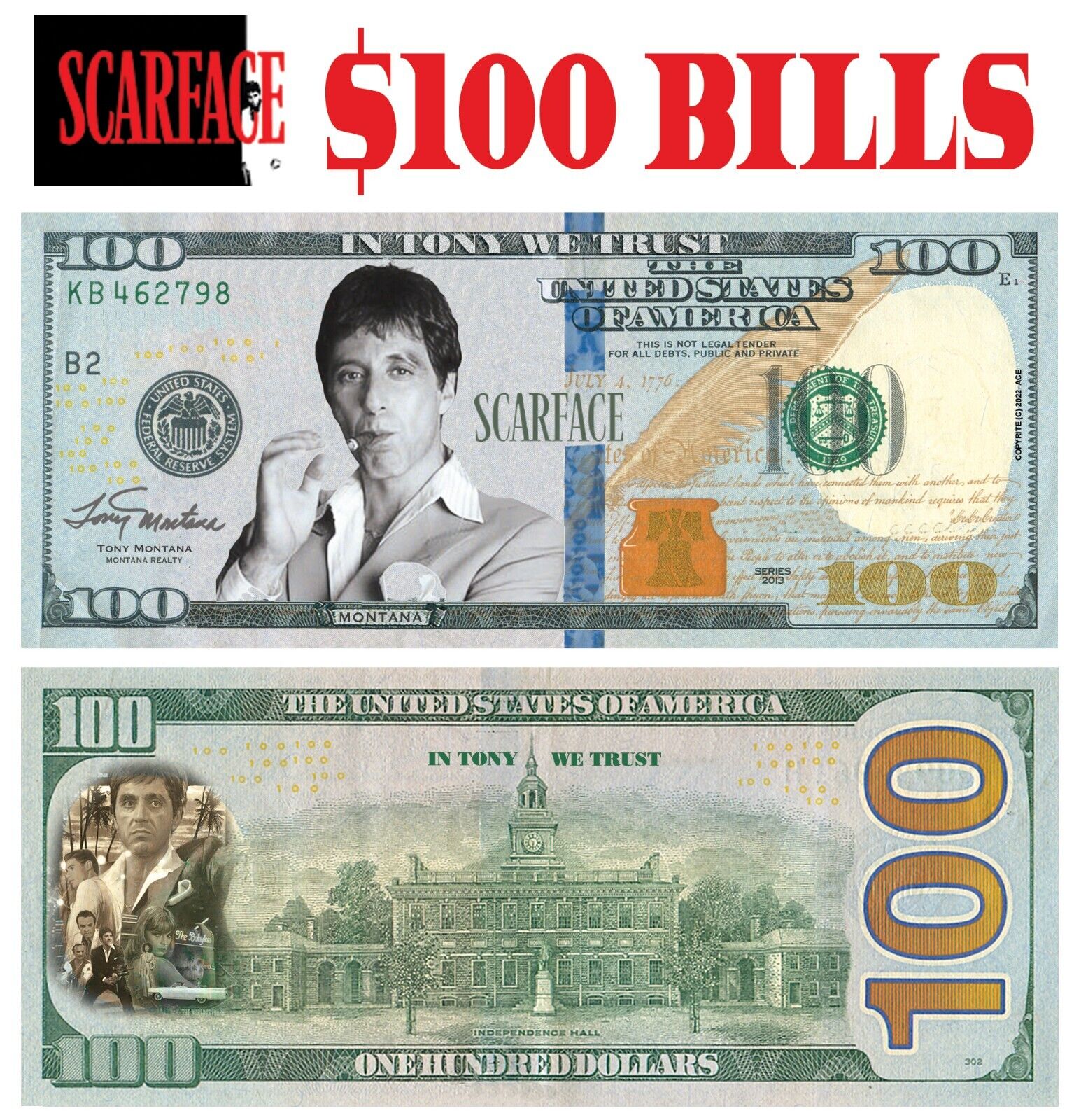 100 pack In Scarface Money - Tony Montana  $100 Bills - Look/Feel/Size So Real