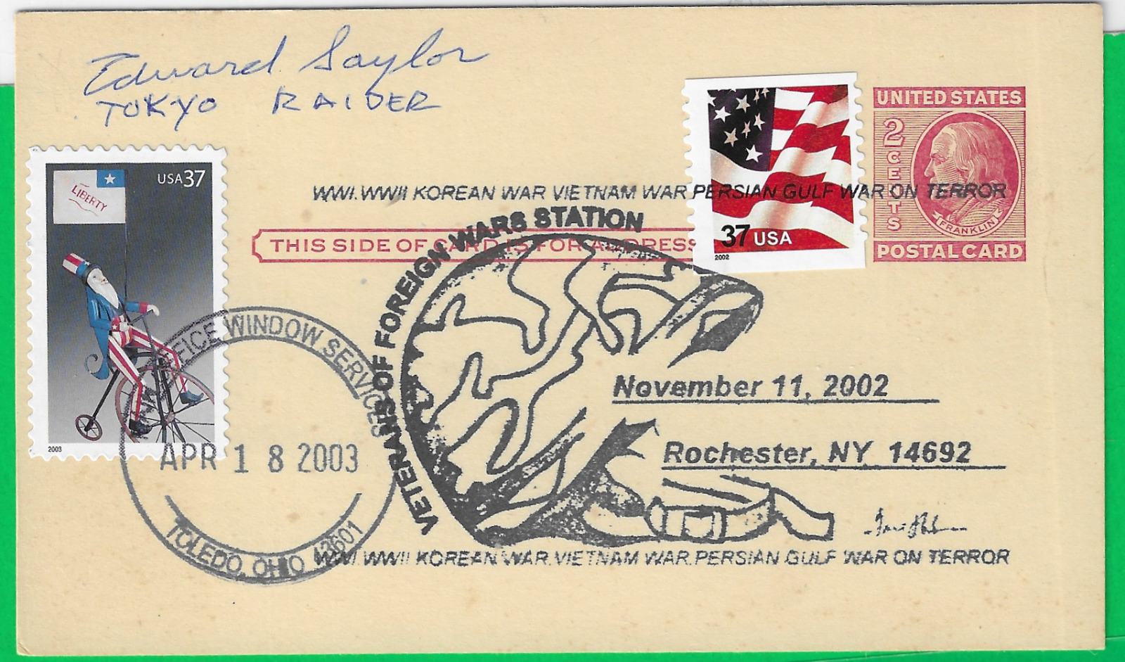 Ed Saylor Doolittle Raider SIGNED Patriotic Veterans Postcard 2002 & Anniversary