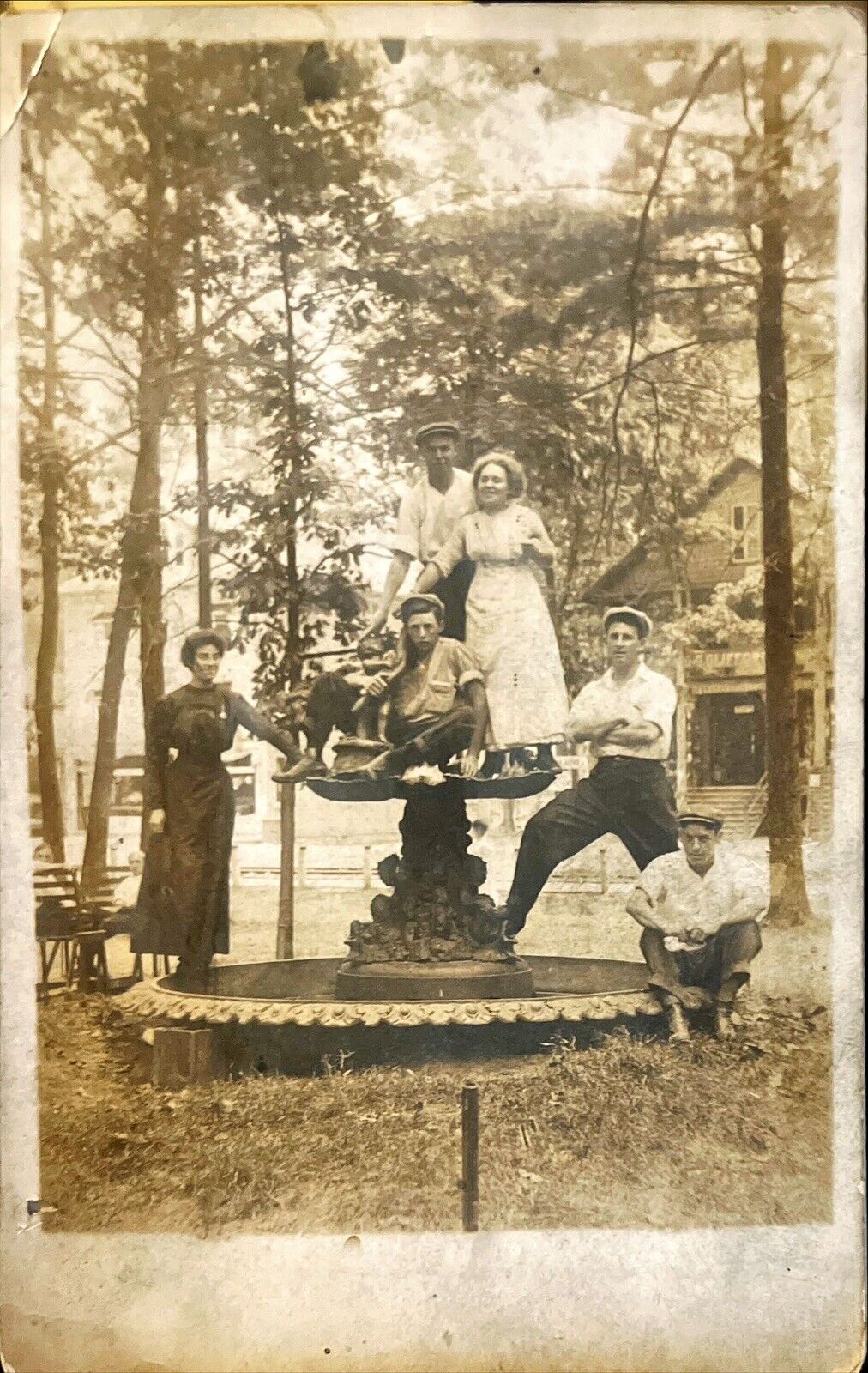 RPPC Antique Postcard  People Posing At Fountain