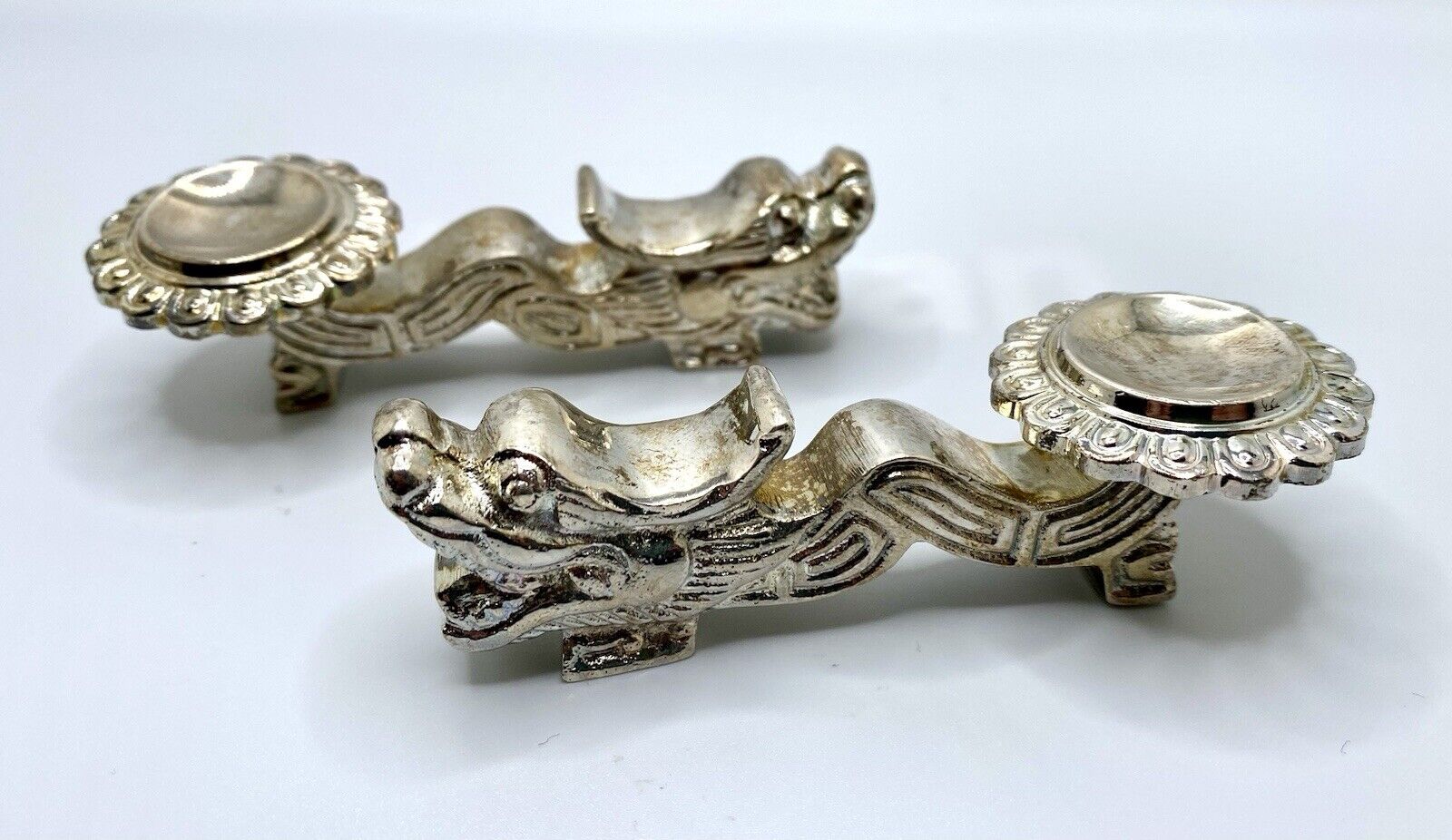 Vintage Chinese Dragon Set of 2 Silver Plated Brass Chopstick Spoon Holders Rest