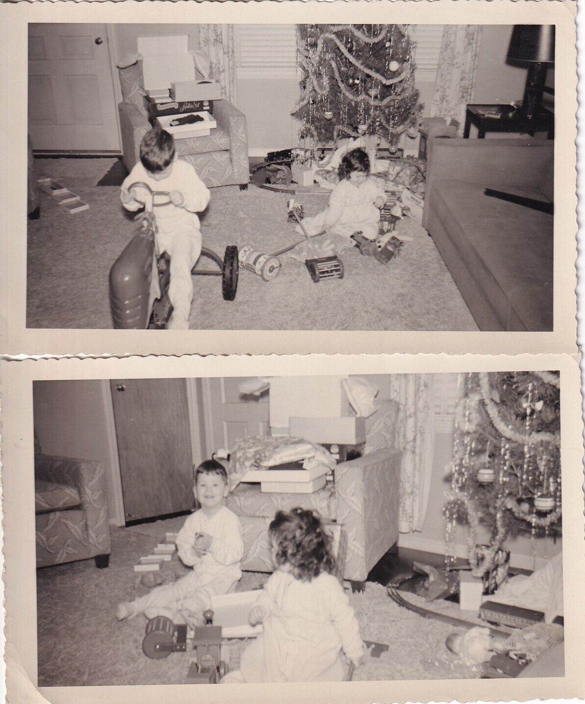 Lot 2 Original Photos NAMED KIDS OPEN CHRISTMAS GIFTS Lakewood c. 1955 Ohio 71