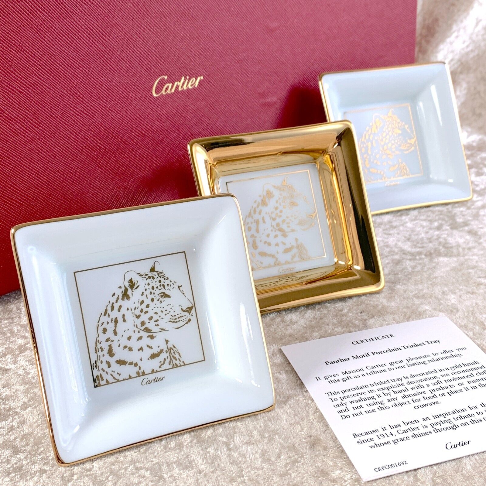 3 x Authentic Cartier Porcelain Mini Trinket Tray PANTHERE Face Gold Paint w/Box
