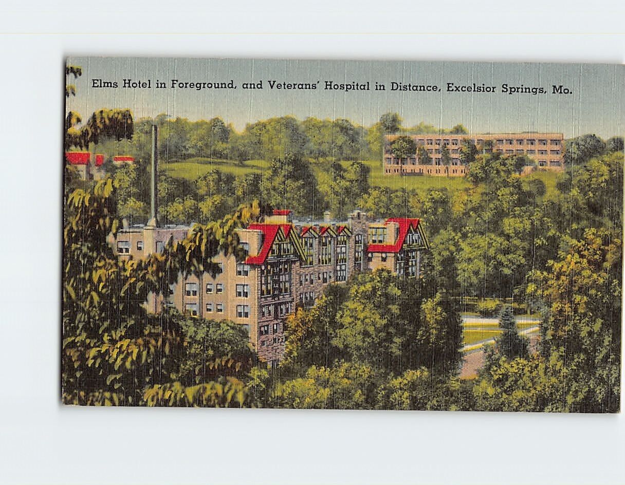 Postcard Elms Hotel in Foreground & Veterans' Hospital in Distance Missouri USA