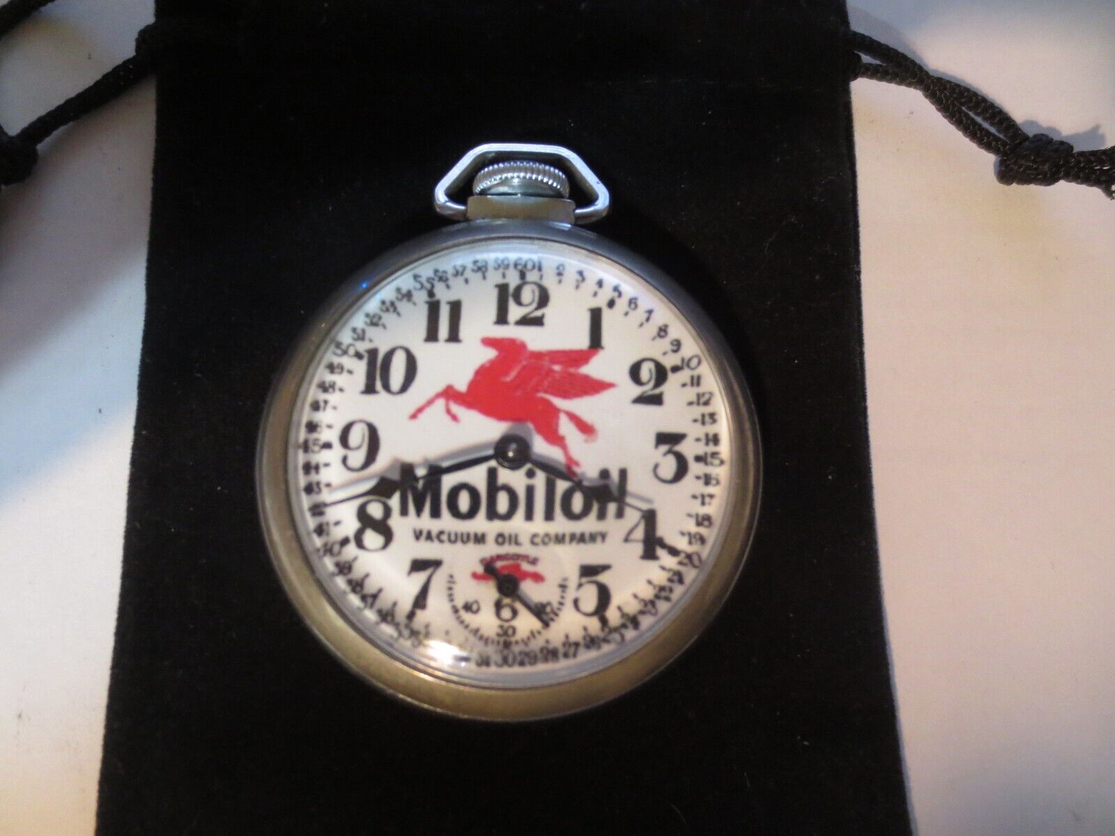 1950s 16s Ingraham Pocket Watch Mobil Oil Ad Theme Dial & Case Runs Well.