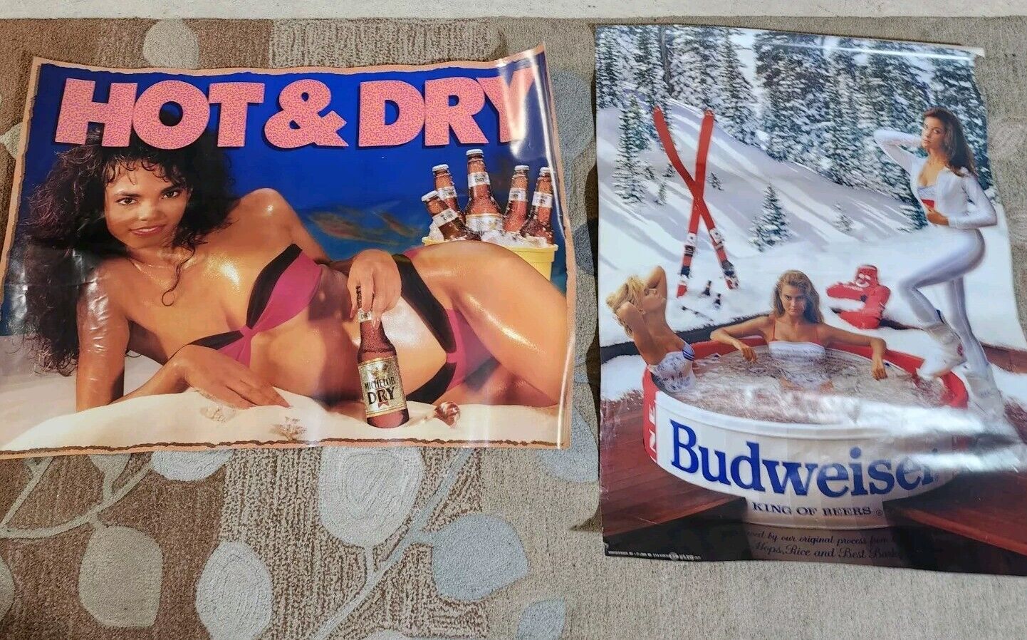 Vintage 1980s Beer Poster Lot of 2 Budweiser Ski Sexy Girls Bud Dry Hot & Dry