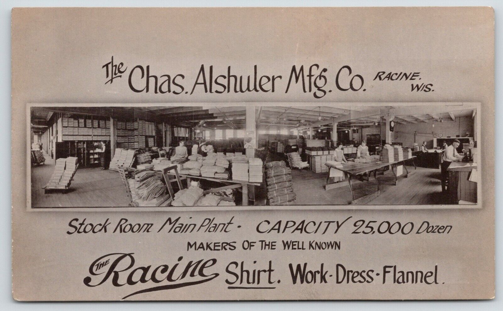 Racine Wisconsin~Chas Alshuler Mfg~Work Shirts~Main Plant Stock Room~c1910 Adv